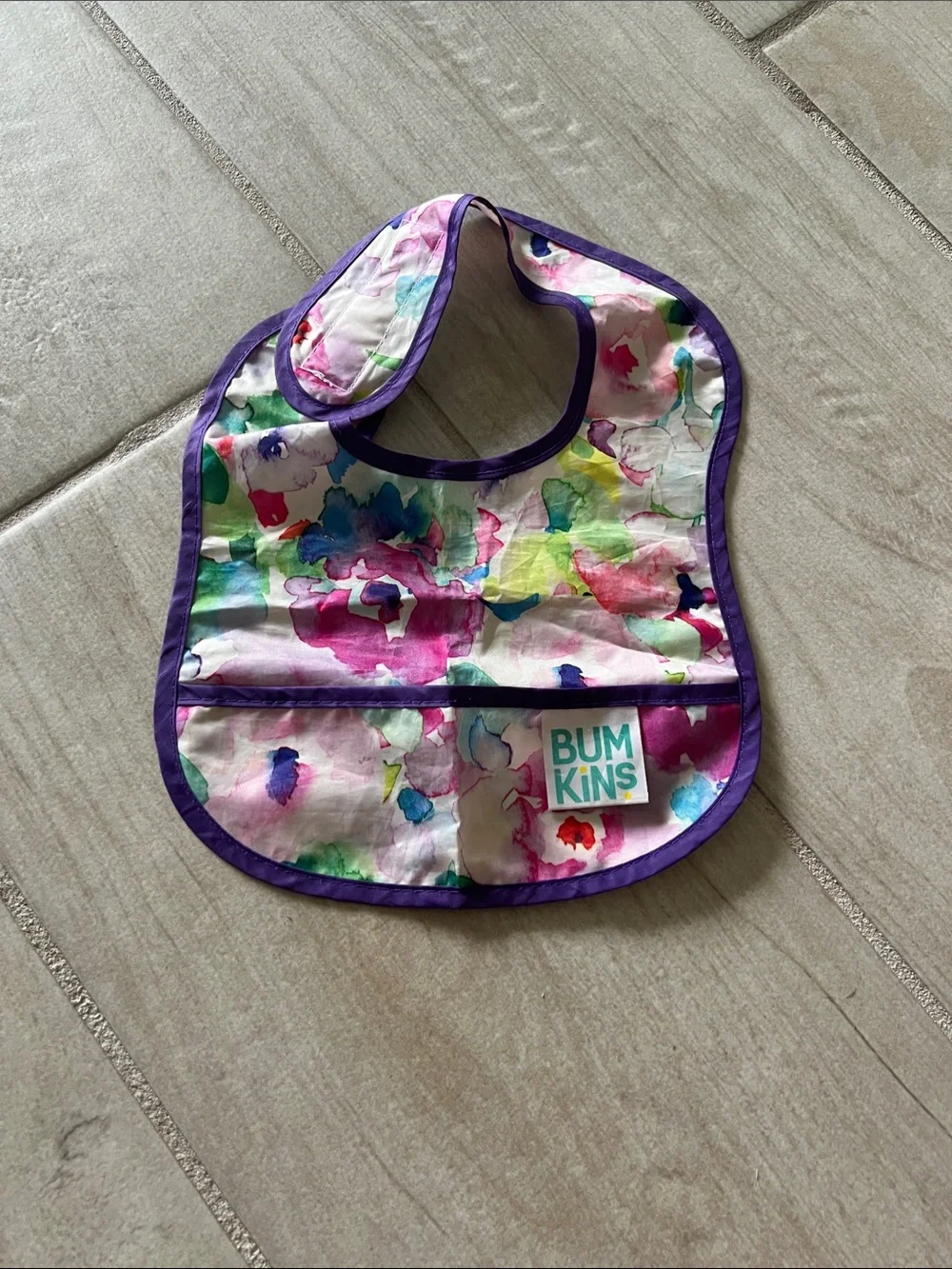 Bumkins Floral Splash Waterproof Bib with Purple Trim